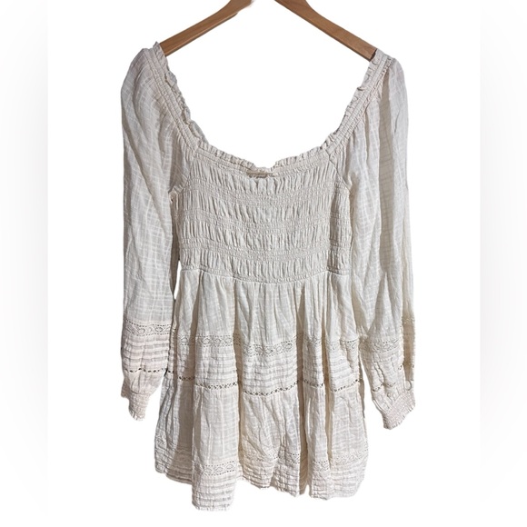 American Eagle Long Sleeve Smocked Mini Dress Boho White Cream Medium - Picture 6 of 9
